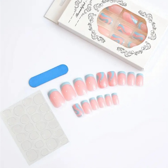 24Pink & Blue Medium Short Square Fake Press On Nails Kit, Swirl French Manicure - Picture 3 of 3